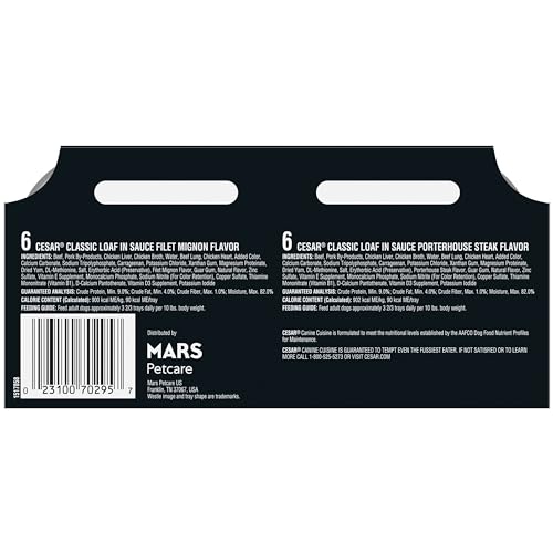 CESAR WET DOG FOOD CLASSIC LOAF IN SAUCE, FILET MIGNON FLAVOR AND PORTER HOUSE FLAVOR, 3.5 OZ. EASY PEEL TRAYS, 12 COUNT