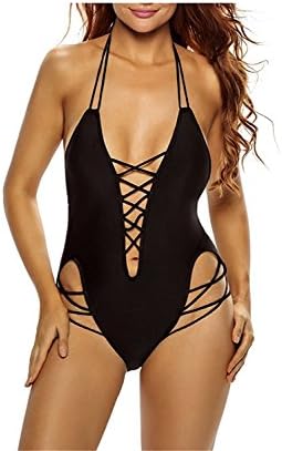 Also Easy Chic Women Black Bikini Thin Strap Halter Sexy Criss Cross V-Neck Hollow Swimsuit One Piece Swimwear New