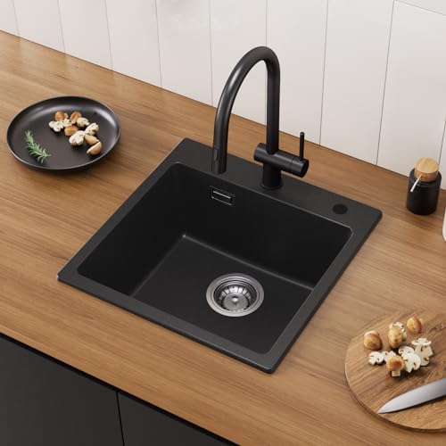 CECIPA Küchenspüle Granit 45x45cm, Moderne Einbauspüle, Spüle Schwarz