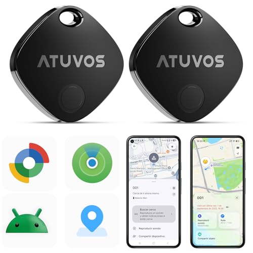 ATUVOS Air Tag Pro Smart Tag Tracker for Android & iOS, Dual Object Finder System Compatible with Google Locator or Apple Search APP, for Keys/Luggage/Suitcase. Replaceable Battery. 2 Pack