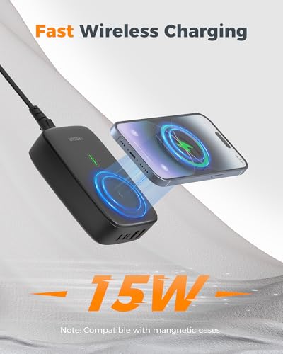 TESSAN Cargador Inalámbrico 6 en 1 Magnético, PD 65W Estación de Carga con USB-C, Carga Rápida para iPhone 15/16/17, MacBook y Tableta, Ideal para Hogar, Oficina y Viajes