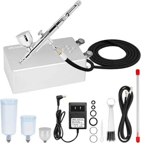 Ovaga 55PSI Ultra-Silent Airbrush Kit, Dual-Action Multi-Function Airbrush Set with Compressor for Painting Portable Air Brush Set for Cake Decoration Makeup Art Craft Nail Design Model Tattoo,Silver