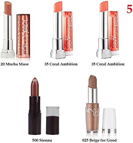 (Pack of 5) - VALUE PACK! - MIX of Maybelline Lipcolor, 35 Coral Ambition/ 20 Mocha Muse/ 025 Beige For Good/ 500 Sienna