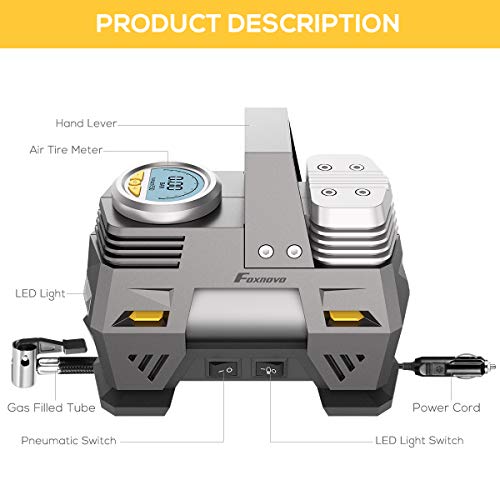 Foxnovo Air Compressor Pump, Digital Tire Inflator 150 PSI DC 12V Low Noise Tire Air Compressor Portable with Larger Air Flow 35L/Min, LED Light, Overheat Protection, Extra Nozzle Adaptors and Fuse