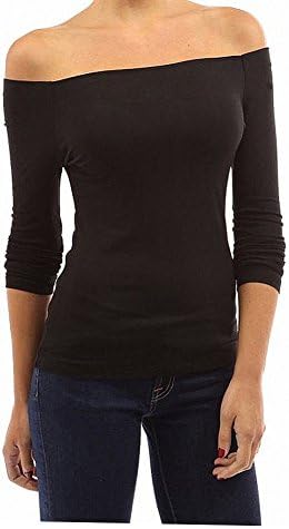 WOMOWO Women's Sexy Slim Fit Stretchy Off Shoulder Ruched Sides Raglan Long Sleeve Blouse Tops Shirt (Small, Black)