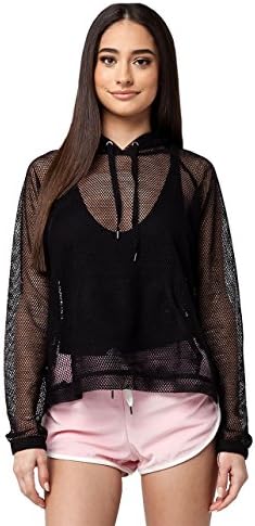 POLLY &amp; ESTHER Power Mesh Womens Hoodie, Black, Large