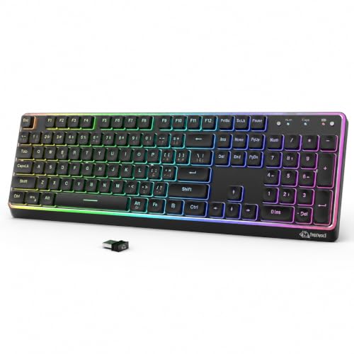 Free wolf M104 Teclado Inalámbrico RGB, Teclas Silenciosas para Conectividad 2.4G/Bluetooth/USB con Cable, Resistente Derrames, Teclado Recargable de Tamaño Completo 104 Teclas para PC y Mac (Negro)