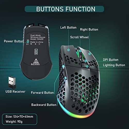 SOLAKAKA Lightweight Wireless Gaming Mouse Bluetooth with Shell, Side Buttons, RGB