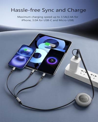 Minlu Multi Tip Charger Cable, 5 in 1 Retractable Multi USB Cable, 1.2 m Fast Charging Cable, Multi Charger Cable with Lightning Micro USB Type C for iPhone, Android, Galaxy Series, Tablet Series