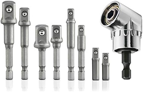 Newder Power Hand Tools, 8Pcs Socket Adapter Impact Hex Shank Drill Bits Bar Set 1/4" 3/8" 1/2" Bits + 1Pcs 105° 1/4" Right Angle Drill Adapter Attachment