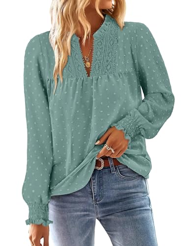 BETTE BOUTIK Fall Boho Blouses Womens Long Sleeve Flowy Cute Shirts Dressy Casual Country Chic Loose Crochet Chiffon Tops V Neck Babydoll Tunics Light Green M at Amazon