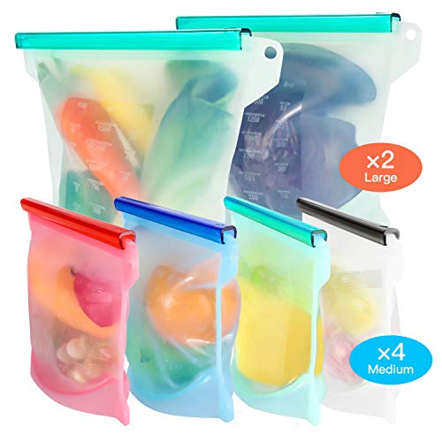 FYLINA Reusable Silicone Food Bags [6 Pack] 2xLarge 50oz and 4xMedium 30oz - Leakproof Kitchen Organized Storage Bag Airtight Seal Versatile Silicone bags for Vegetable Liquid Snack Meat Sandwich - Thumbnail 7