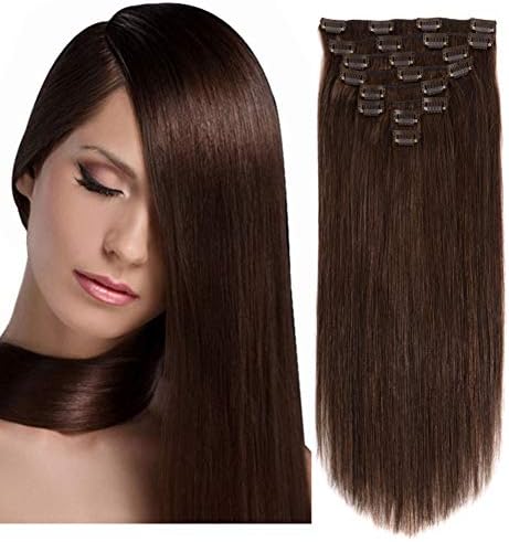 24 Inch Clip in Human Hair Extensions 120G Dark Brown Color Straight Real Hair Extensions Clip in Human Hair Double Weft 8Pcs/Lot 20Clilps Thick Hair Extension for Women