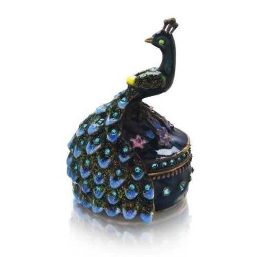 Welforth Pewter Bejeweled Blue Peacock Trinket/Jewelry Box, 2.5"T