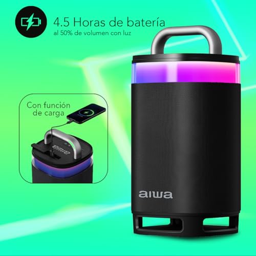 Aiwa Bocina Portátil Bluetooth TWS, Potencia 600W PMPO (60W RMS), Party 360°, Sonido Envolvente, Resistencia al Agua IPX5, Luz LED Multicolor, Batería Recargable y Función de Carga, AWS68BT