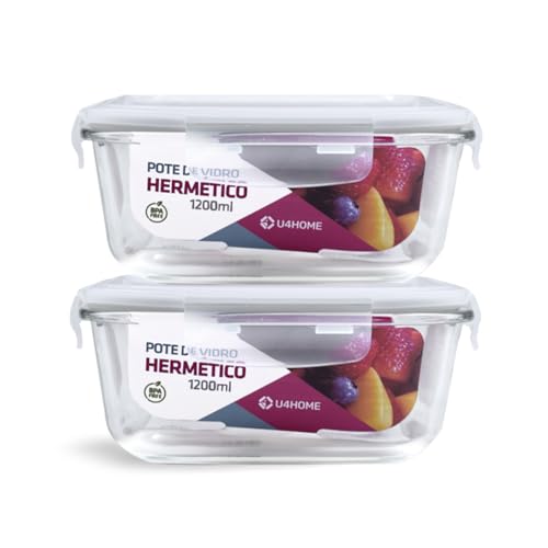 Kit 2 Potes de Vidro Quadrado com Tampa Hermética 1200ml (Branco)