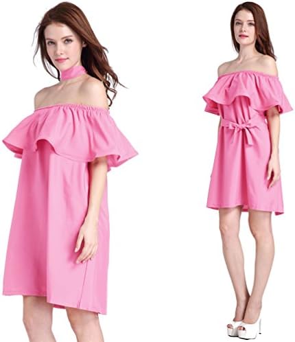 Womens Vintage Tunic Multi-Way Loose Off the Shoulder Ruffle Cotton Party Mini Dress (Pink)