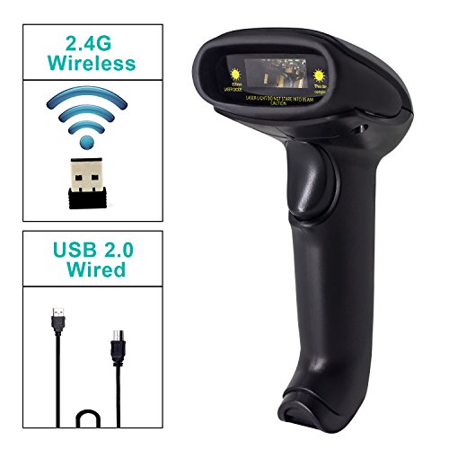 Wireless Barcode Scanner (2-in-1 2.4GHz Wireless & USB2.0 Wired) USB Automatic Barcode Reader Handheld Bar Code Reader USB Rechargeable Bar Code Hand Scanner for Computer POS Laptop