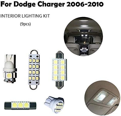 Car LED Interior Lights Accessories For 2006-2010 Dodge Charger SE, SXT, RT, Daytona R/T, SRT-8 Auto Dome Light Bulbs Automotive Lighting Replacement Package Kit (9 Bulbs), WHITE