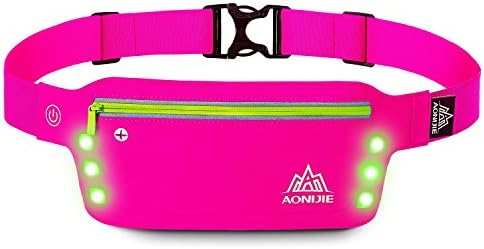 LERMX Waterproof Running &amp; Fitness Belt With LED Safety Light High Visibility Safty Gear Waist Pack for Running Hiking Cycling Climbing for within 6 inches Smartphone (Rose red)