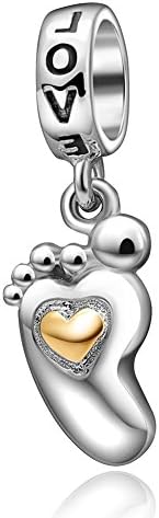 ChaWin Cute Baby Footprint Charm with Gold Love 925 Sterling Silver First Step Pendant Bead Fit Mother Family Bracelet Necklace Jewelry