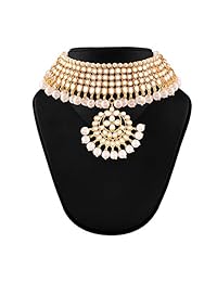 I Jewels Traditional Kundan & Pearl Choker Necklace Set for Women (K7058)