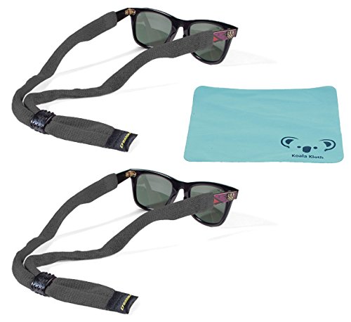 Koala Lifestyle Croakies Cotton Suiters Eyewear Retainer Sunglass Strap | Adjustable Eyeglass & Sports Glasses Holder Keeper Lanyard | 2pk Bundle + Cloth, Charcoal Grey