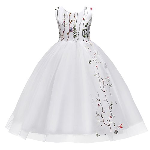 Wocau Little Baby Big Girl Flower Embroidery Sleeveless Wedding Tulle Party Dress (White, 3-4 Years)