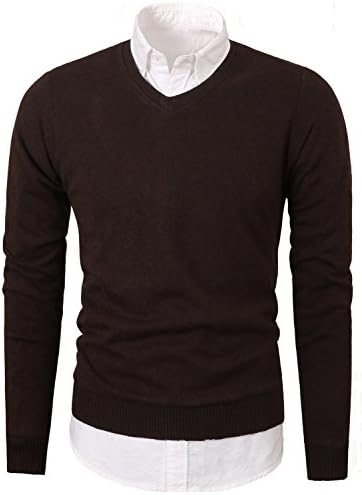 Mesahara Mens Slim Fit Light Weight V-Neck Pullover Sweater (L, Brown)