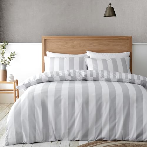 Catherine Lansfield Cove Stripe Omkeerbare Dubbele Dekbedovertrek Set met Kussenslopen Zilvergrijs