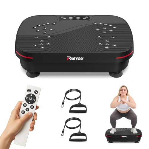 PASYOU Vibration Plate Exercise Machine, Whole Body Workout Equipment for Athletes and Fitness Enthusiasts, Low Noise Vibrating Plate Machine with 2 Resistance Bands & Remote Control for Home & Office