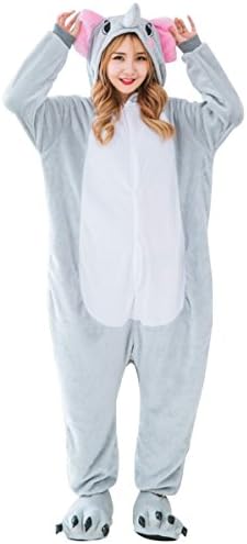 LmeiKK Adult Cosplay Flannel Anime Cartoon Onesie Animal Pajamas Elephant Gray