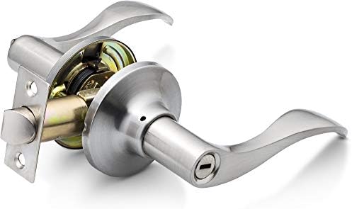Modern satin nickel front door lever handle with a sleek finish.
