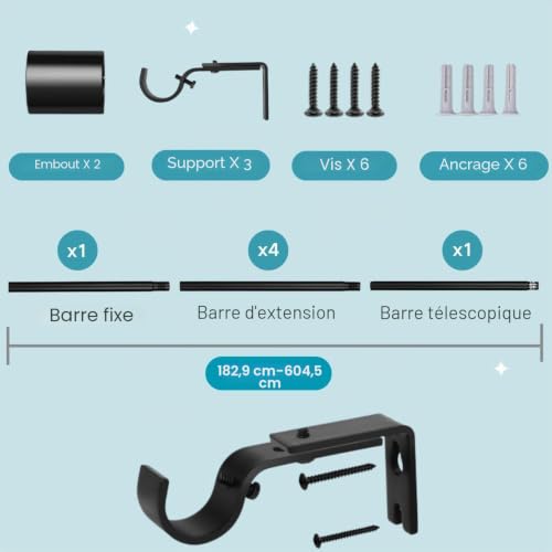 White Curtain Rod Extendable Curtain Rod 240 cm Long for Bedroom, Living Room, Kitchen (84-290 cm Φ25 mm)