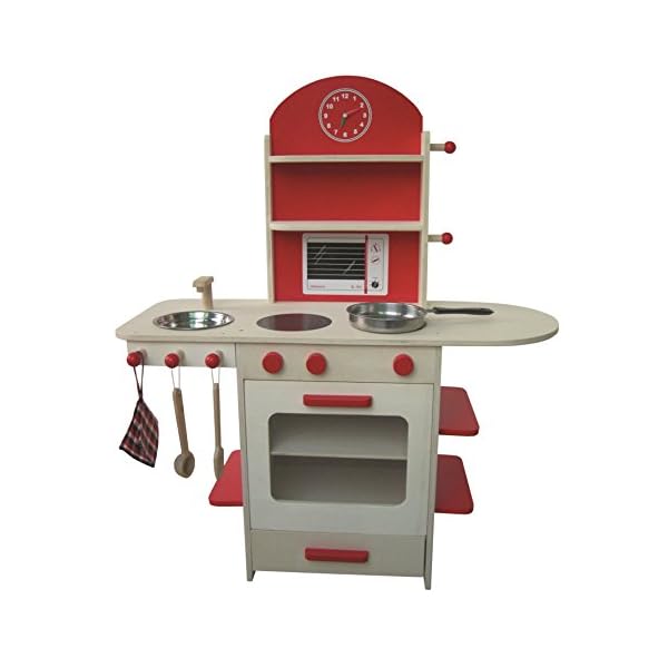 roba Spielküche, Holzküche natur, rot, Kinderspielküche mit Herd, Spüle, Wasserhahn & Regal