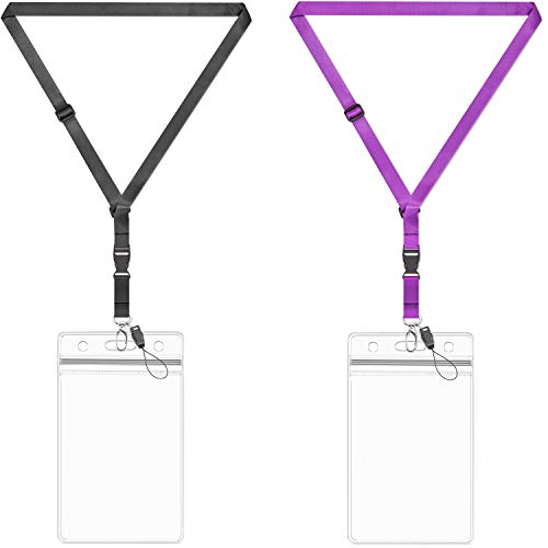 Lanyard Adjustable with ID Badge Holder Black Purple Office Safety Cruise lanyards Neck Quick Release lanard for Women Men Keys Vertical Waterproof Zipper Card Large 4x3 Name Badges Holders 2 Pack