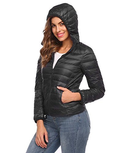 Cindere Women's Outwear Lightweight Hooded Packable Puffer Down Jacket Coat (Black, M)