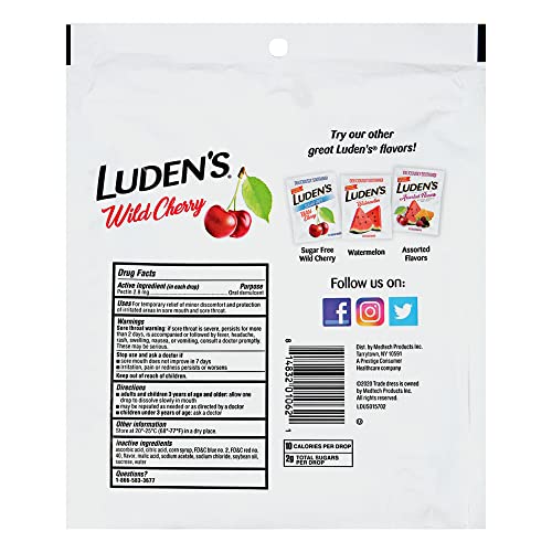LUDEN’S SORE THROAT RELIEF LOZENGES FOR MINOR EVERYDAY IRRITATION & DRY MOUTH, WILD CHERRY FLAVORED DROPS, 90 COUNT, PACK OF 2