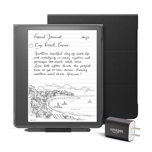 Kindle Scribe Everything Bundle including Kindle Scribe (64 GB), Premium Pen, Leather Folio Cover with Magnetic Attach - Black, Power Adapter, and Pen Replacement Tips