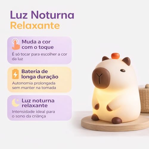 Luminária de Silicone Capivara LED Touch RGB, Bateria Recarregável USB com Intensidade de Luz Controlável no Toque e Temporizador Automático - Decoração Ideal para Crianças - Qualidade Premium LNSTORE