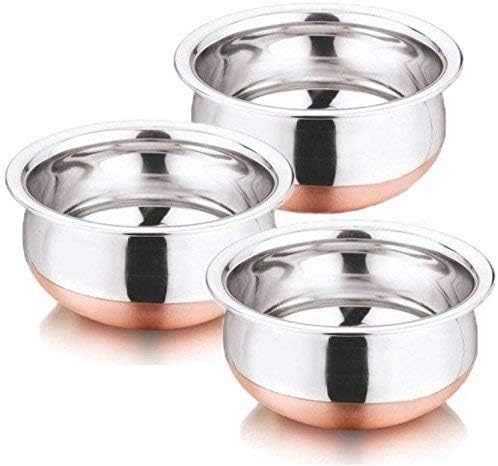 kitchenvy Handmade Christmas Gift Stainless Steel Copper Bottom/Cookware/Serveware/Handi/Pot - 3 Pcs Set - 250 ml, 500ml, 750 ml