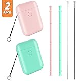 Easyworld Reusable Straws, Collapsible Silicone Drinking Straws Portable Straw 2 Pack