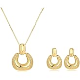 Yewkit Gold Statement Jewelry Set for Women 14K Gold Pendant Necklace Stud Earrings Trendy Jewelry for Birthday Party christmas Gifts