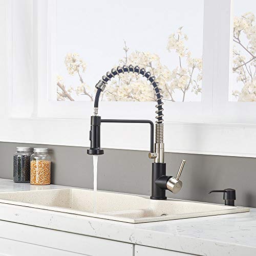 Friho Lead-Free Commercial Brushed Nickel & Matte Black Stainless Steel Single Handle Single Lever Pull Out Spring Bar Sink Kitchen Faucet, Kitchen Sink Faucets with Pull Down Sprayer - Thumbnail 2