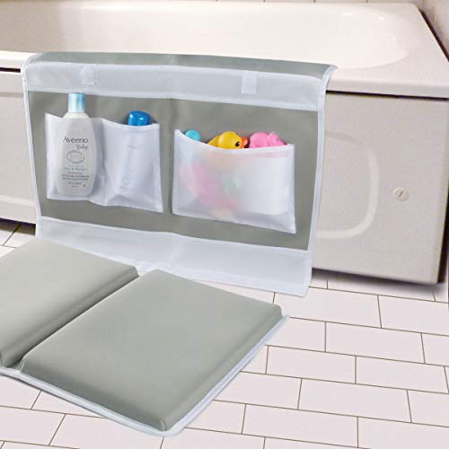 Bath Kneeler - Bath Knee Mat and Elbow Rest with Toy Organizer - Large Safety Kneeling Pad for Baby Bath Time, Garden Work, Exercise - Detachable and Foldable Child Bath Tub Padding for Parents - Gray