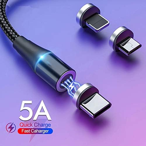 RICHVOLT Multi Charging Cable, 3 in 1 Nylon Braided Fast Charging Cord Magnetic Charger USB Cable for iPhone Micro USB Type C Mobile Phone Cable Fast Charging Magnet Charger USB Wire Cord - Black