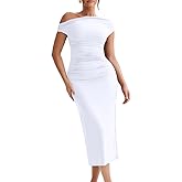 LAGSHIAN Women's Elegant One Shoulder Sleeveless Bodycon Ruched Party Cocktail Formal Midi Dress