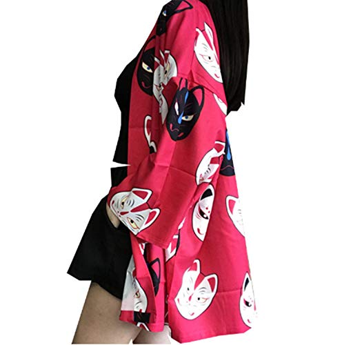 Japanese Kimono Printed Bat Sleeve Loose Cardigan Sun Protection Cosplay Costumes Black/Red,Red,One Size - Thumbnail 4