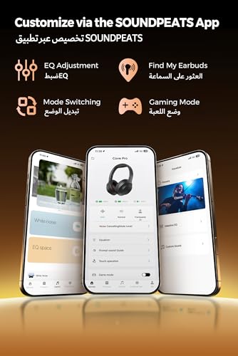 SOUNDPEATS Cove Pro Adaptive Hybrid Active Noise Cancelling Foldable Over-Ear Headphones, LDAC Hi-Res Audio Wired/Wireless Certified, 7MIC AI Clear Calls, Bluetooth 6.0 Bluetooth Earphones, 95H, APP