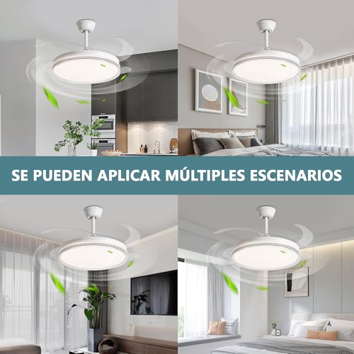 Megaluz F2016-42 Ventilador de Techo Retráctiles de 42 Pulgadas Abanico de Techo con Luz LED, 3000K-6500K Luz Amarilla Cálida a Luz Blanca Fría, Control Remoto y App, 6 Velocidades